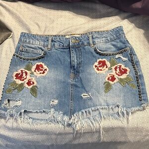 Free People Blue Denim Skirt with Red Floral Embroidery